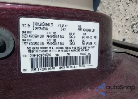 2003 Dodge Durango Slt z USA, uszkodzony, nr VIN 1D4HS48N33F597296